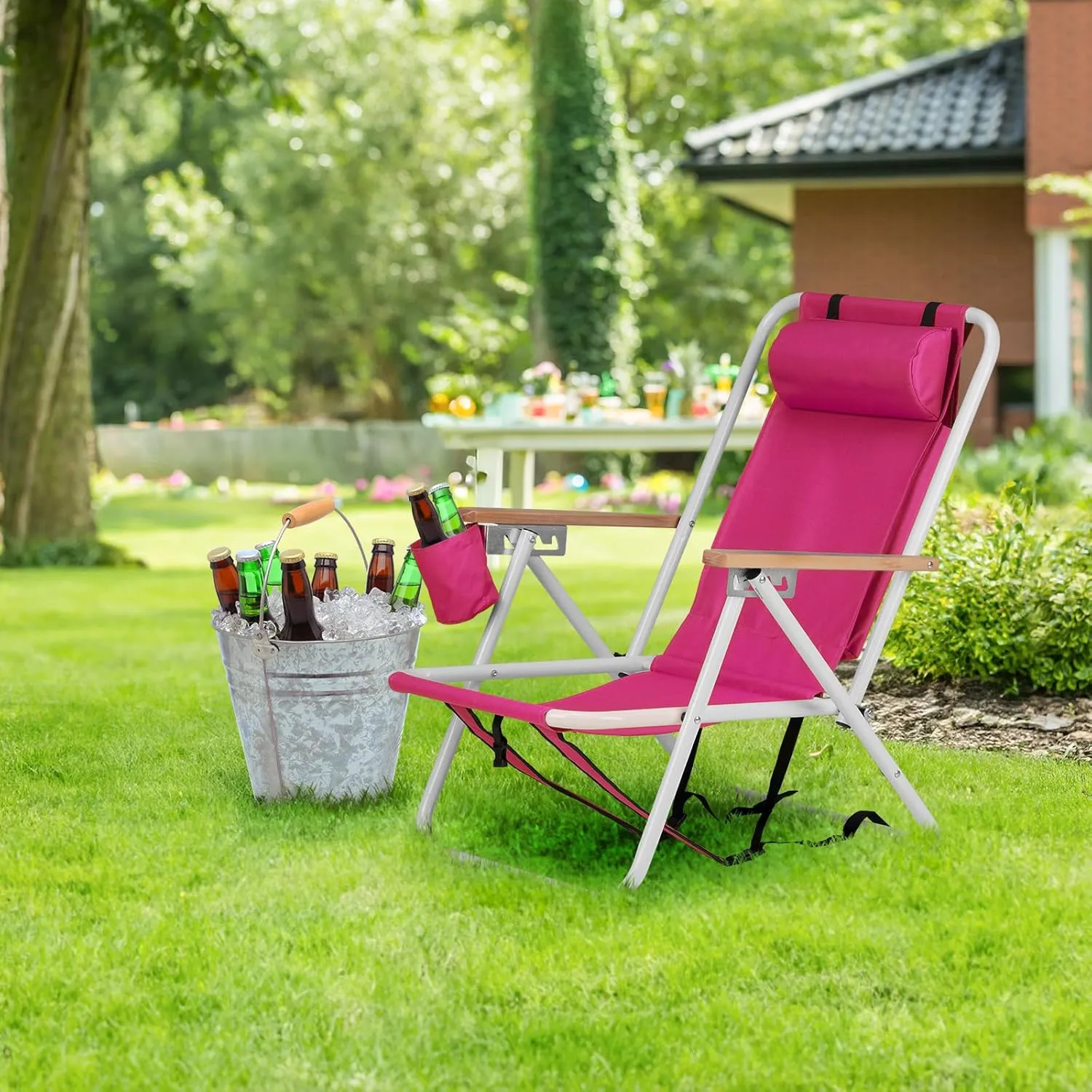 Folding Beach Chair, 4 Position Reclining Backpack Camping Chairs with Headrest Cup Holder Wooden Armrests Heavy Duty Portable Lounge Chairs for Beach Backyard Travel (1, Pink)