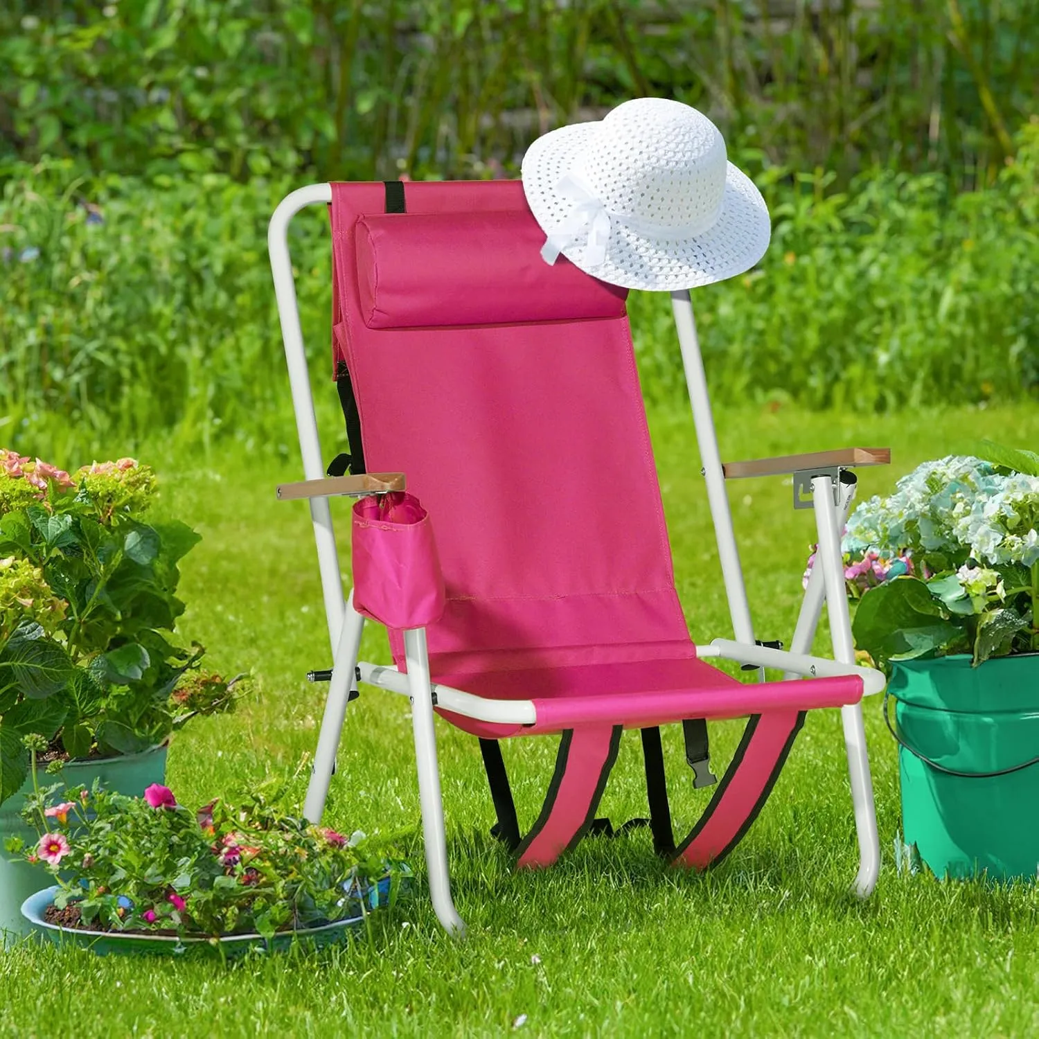 Folding Beach Chair, 4 Position Reclining Backpack Camping Chairs with Headrest Cup Holder Wooden Armrests Heavy Duty Portable Lounge Chairs for Beach Backyard Travel (1, Pink)
