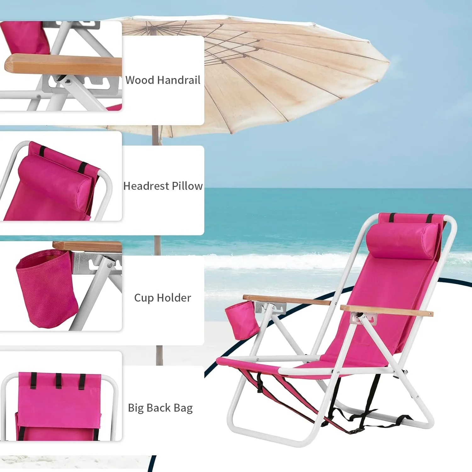Folding Beach Chair, 4 Position Reclining Backpack Camping Chairs with Headrest Cup Holder Wooden Armrests Heavy Duty Portable Lounge Chairs for Beach Backyard Travel (1, Pink)