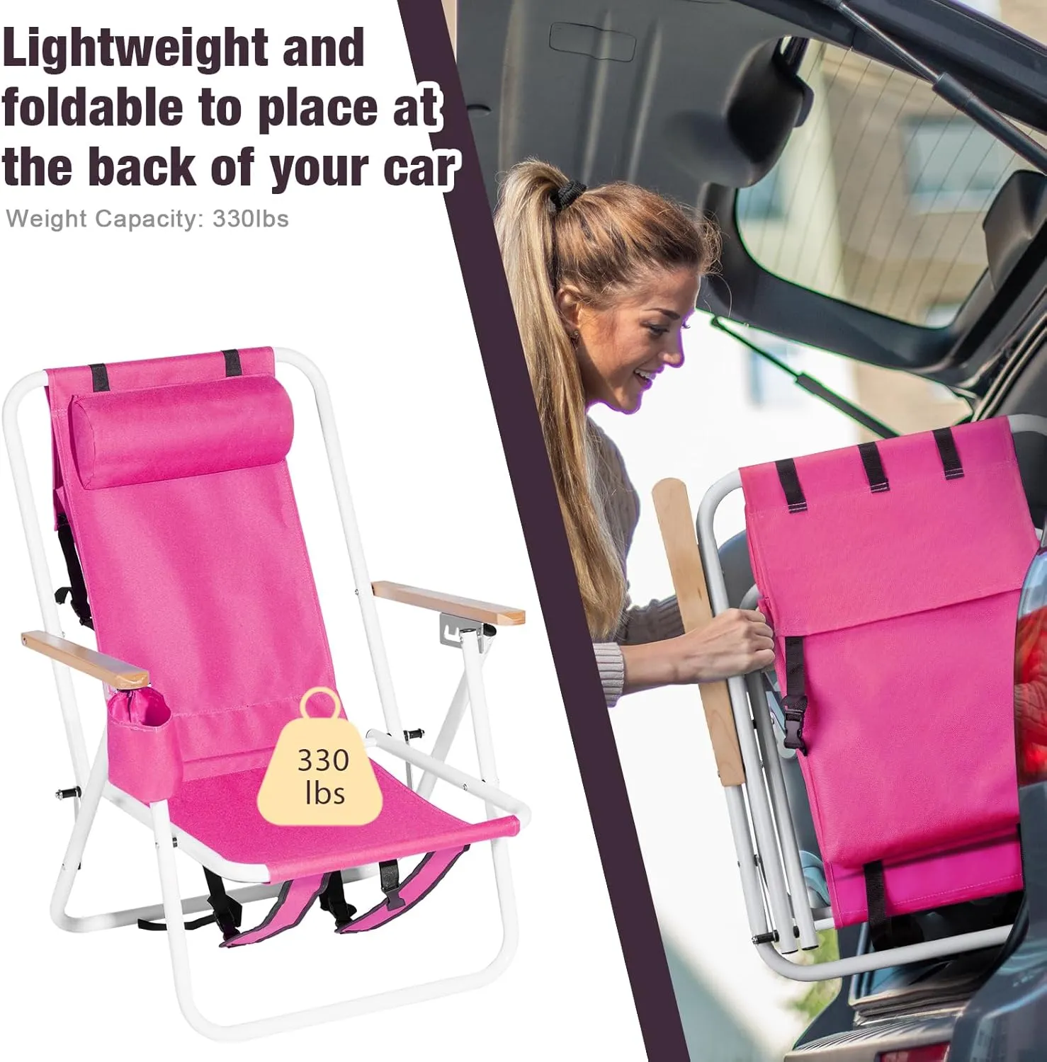 Folding Beach Chair, 4 Position Reclining Backpack Camping Chairs with Headrest Cup Holder Wooden Armrests Heavy Duty Portable Lounge Chairs for Beach Backyard Travel (1, Pink)