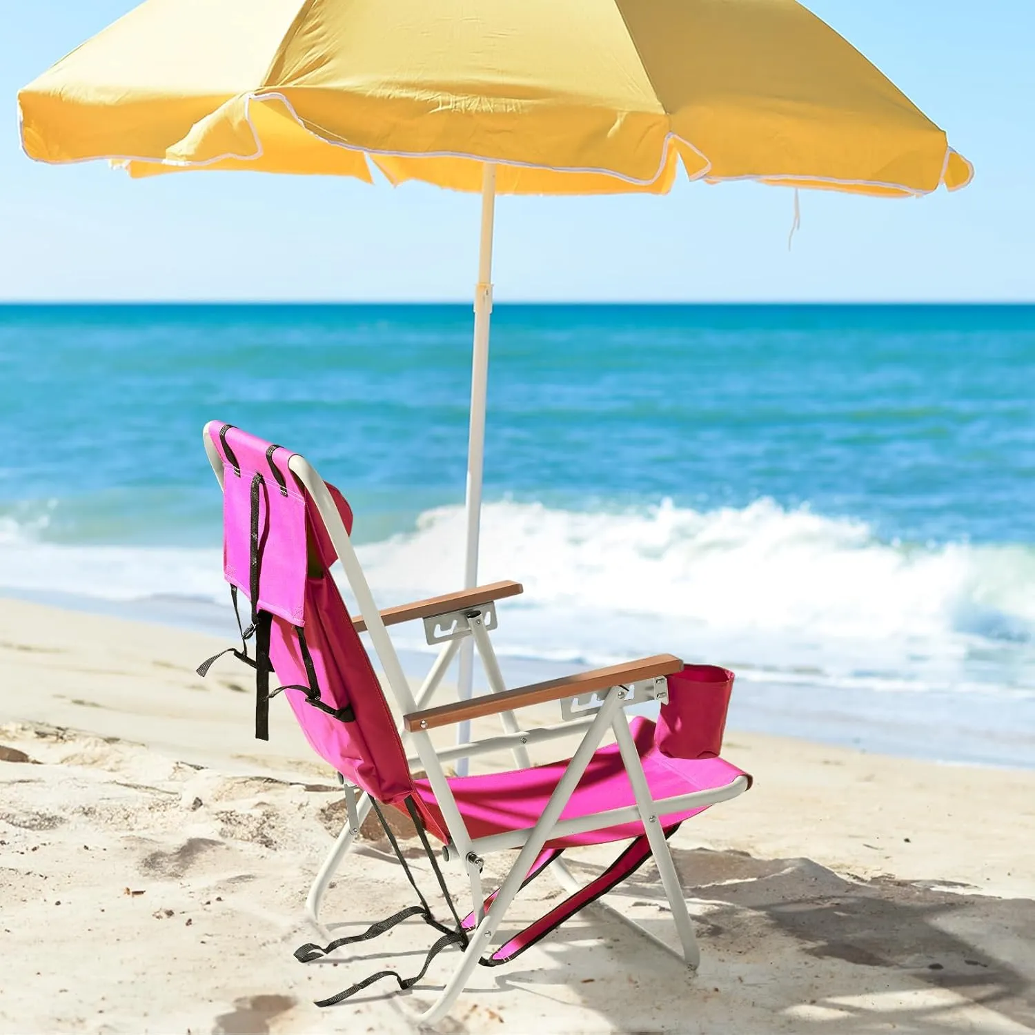 Folding Beach Chair, 4 Position Reclining Backpack Camping Chairs with Headrest Cup Holder Wooden Armrests Heavy Duty Portable Lounge Chairs for Beach Backyard Travel (1, Pink)