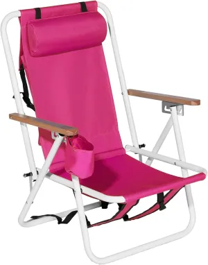 Folding Beach Chair, 4 Position Reclining Backpack Camping Chairs with Headrest Cup Holder Wooden Armrests Heavy Duty Portable Lounge Chairs for Beach Backyard Travel (1, Pink)