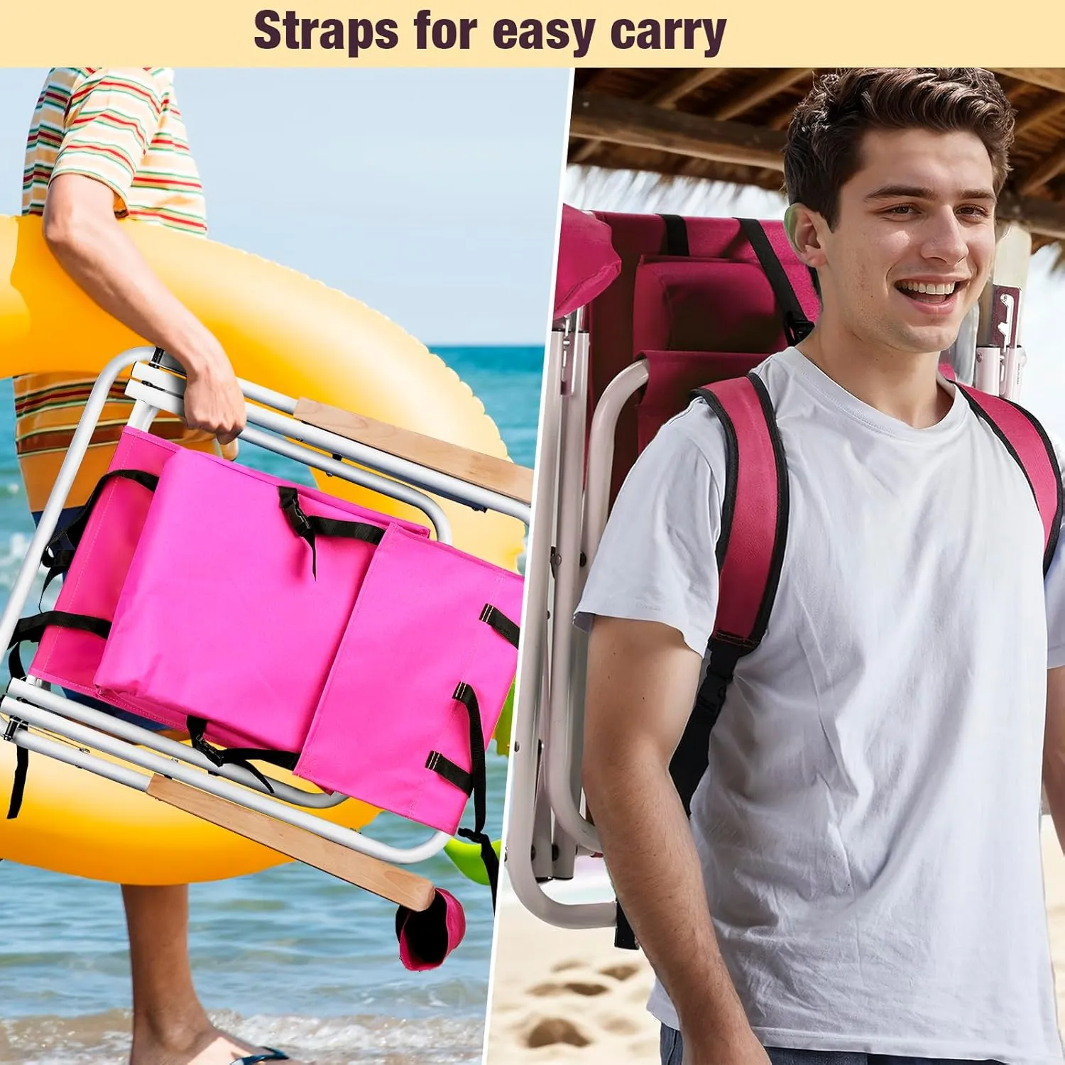 Folding Beach Chair, 4 Position Reclining Backpack Camping Chairs with Headrest Cup Holder Wooden Armrests Heavy Duty Portable Lounge Chairs for Beach Backyard Travel (1, Pink)