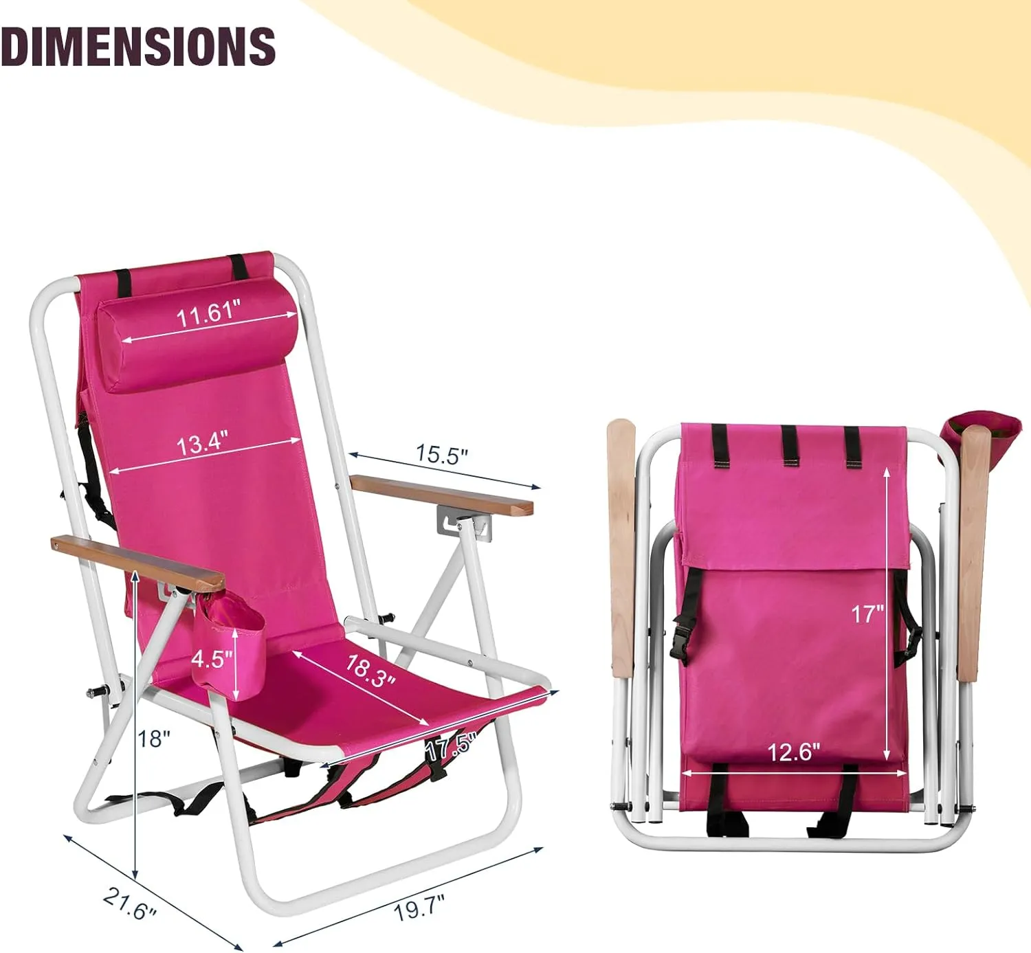Folding Beach Chair, 4 Position Reclining Backpack Camping Chairs with Headrest Cup Holder Wooden Armrests Heavy Duty Portable Lounge Chairs for Beach Backyard Travel (1, Pink)