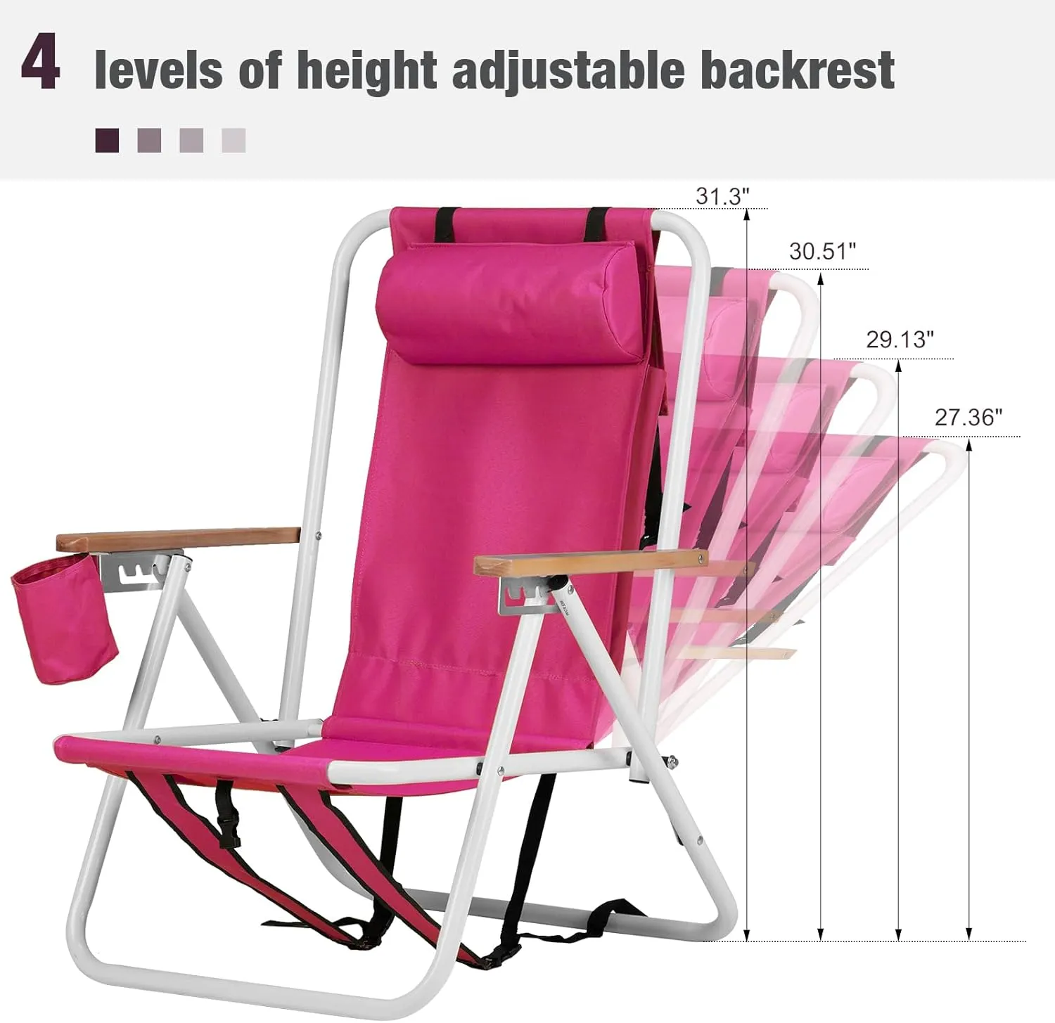 Folding Beach Chair, 4 Position Reclining Backpack Camping Chairs with Headrest Cup Holder Wooden Armrests Heavy Duty Portable Lounge Chairs for Beach Backyard Travel (1, Pink)
