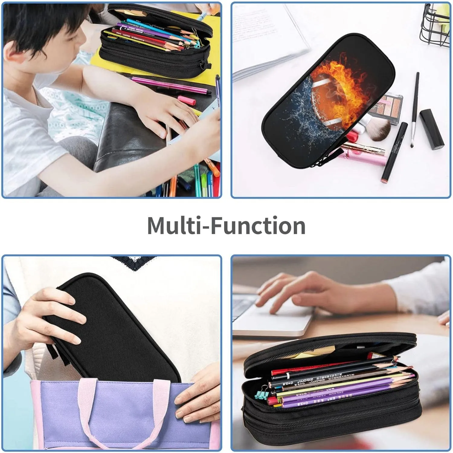 Football Pencil Case for Boys, Sports Themed Pencil Box for Kids Adults, Large Capacity Black Pencil Pouch Stationery Organizer Multifunction Bag for School Business Office