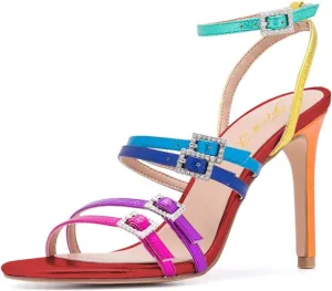 FOWT Women Fashion Open Almond Toe Rhinestones Ankle Strap Sandals High Stiletto Heels Colorful Strappy Pumps Party Office Shoes Size 4-15 M US