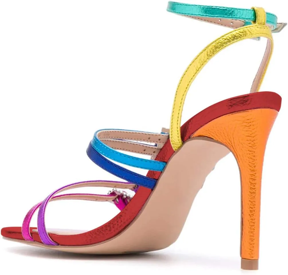 FOWT Women Fashion Open Almond Toe Rhinestones Ankle Strap Sandals High Stiletto Heels Colorful Strappy Pumps Party Office Shoes Size 4-15 M US