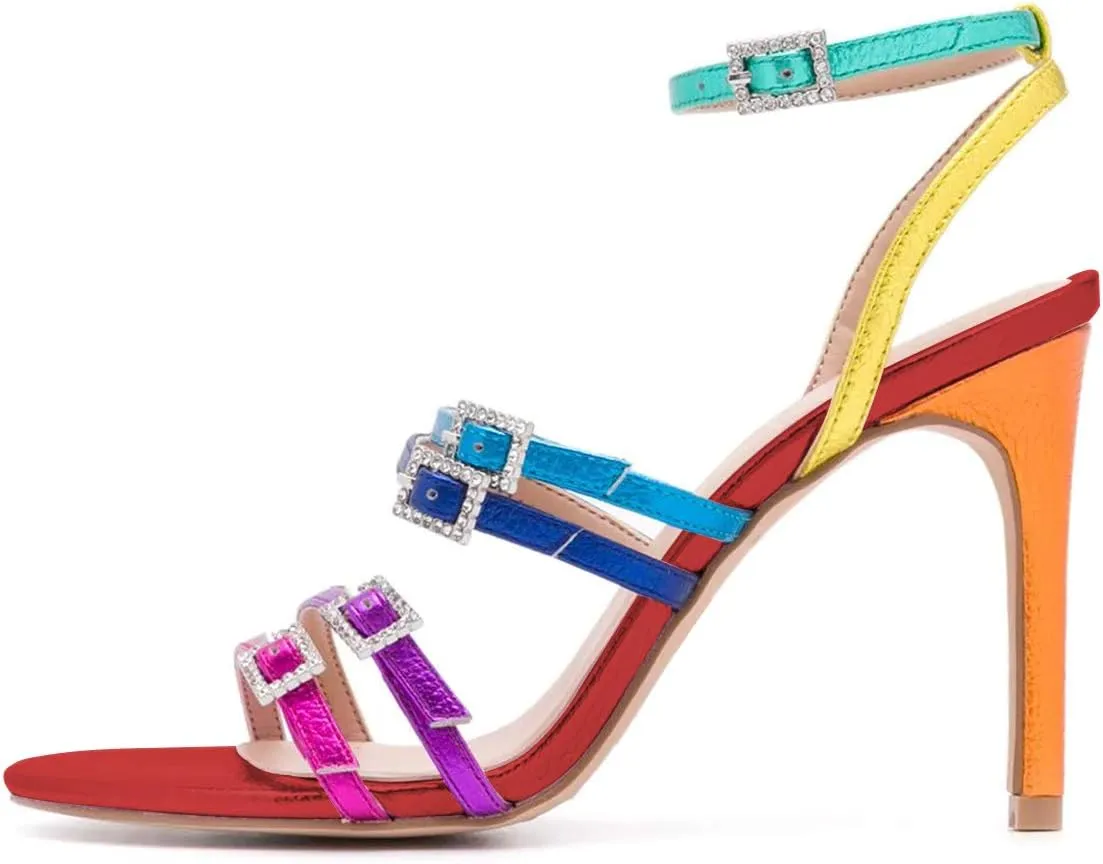 FOWT Women Fashion Open Almond Toe Rhinestones Ankle Strap Sandals High Stiletto Heels Colorful Strappy Pumps Party Office Shoes Size 4-15 M US