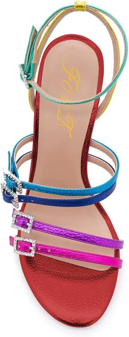 FOWT Women Fashion Open Almond Toe Rhinestones Ankle Strap Sandals High Stiletto Heels Colorful Strappy Pumps Party Office Shoes Size 4-15 M US