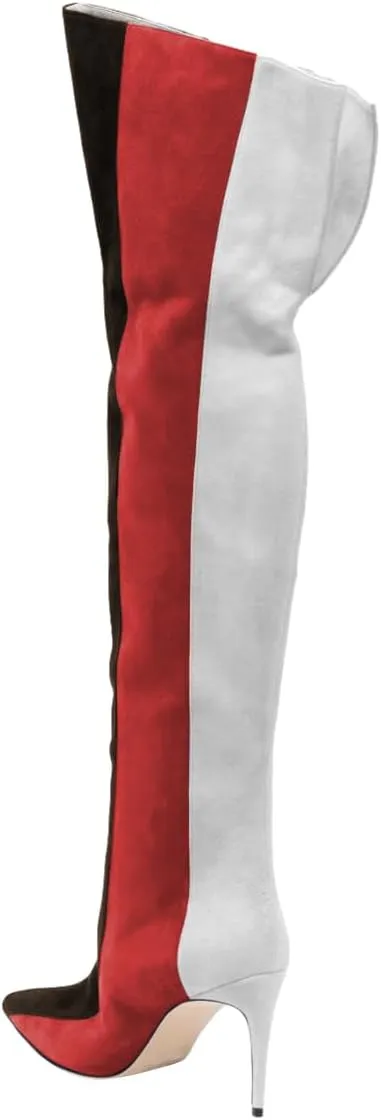 FSJ Women Over the Knee Thigh High Boots Sexy Pointed Toe Stiletto High Heel Multicolor Long Stretch Suede Nightclub Party Dress Shoes Size 4-16 US