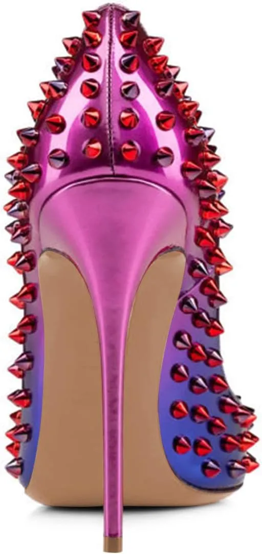 FSJ Women Sexy Studded Rivets Stiletto High Heel Pumps Classic Closed Pointed Toe Slip On Basic Spikes Shoes for Party Size 4-15 US