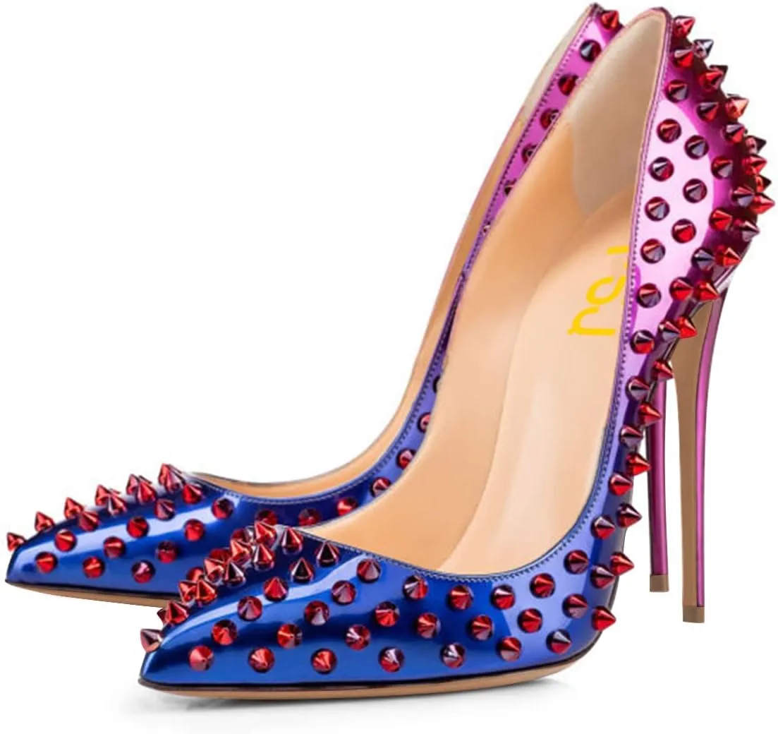 FSJ Women Sexy Studded Rivets Stiletto High Heel Pumps Classic Closed Pointed Toe Slip On Basic Spikes Shoes for Party Size 4-15 US