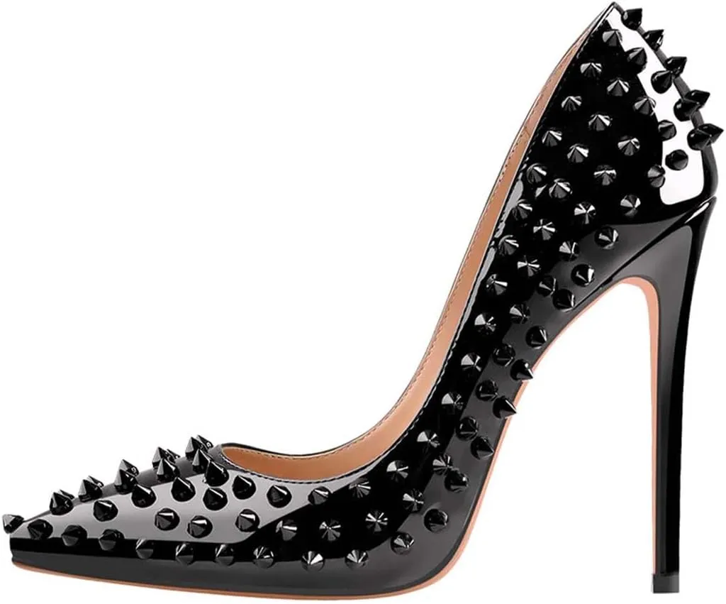 FSJ Women Sexy Studded Rivets Stiletto High Heel Pumps Classic Closed Pointed Toe Slip On Basic Spikes Shoes for Party Size 4-15 US