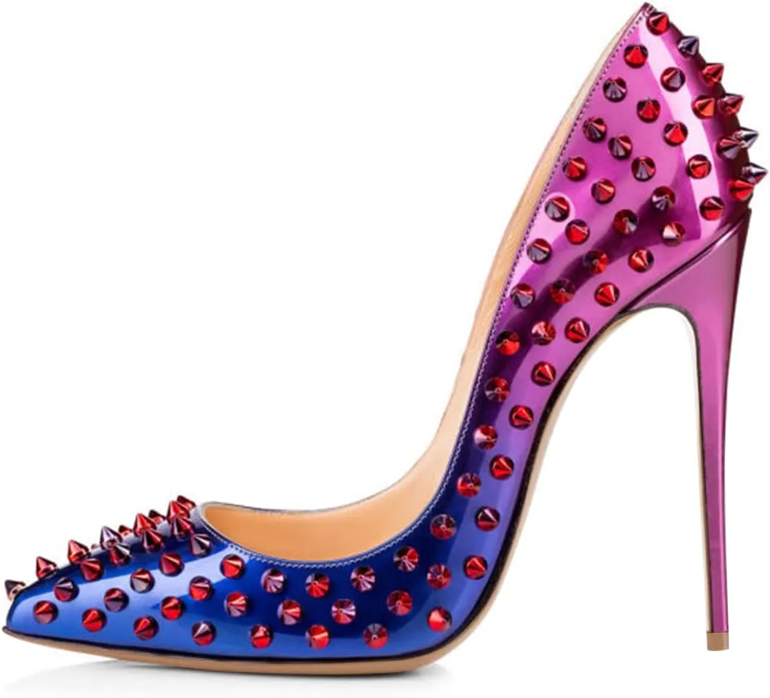 FSJ Women Sexy Studded Rivets Stiletto High Heel Pumps Classic Closed Pointed Toe Slip On Basic Spikes Shoes for Party Size 4-15 US