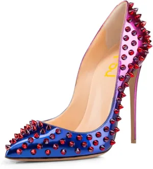 FSJ Women Sexy Studded Rivets Stiletto High Heel Pumps Classic Closed Pointed Toe Slip On Basic Spikes Shoes for Party Size 4-15 US