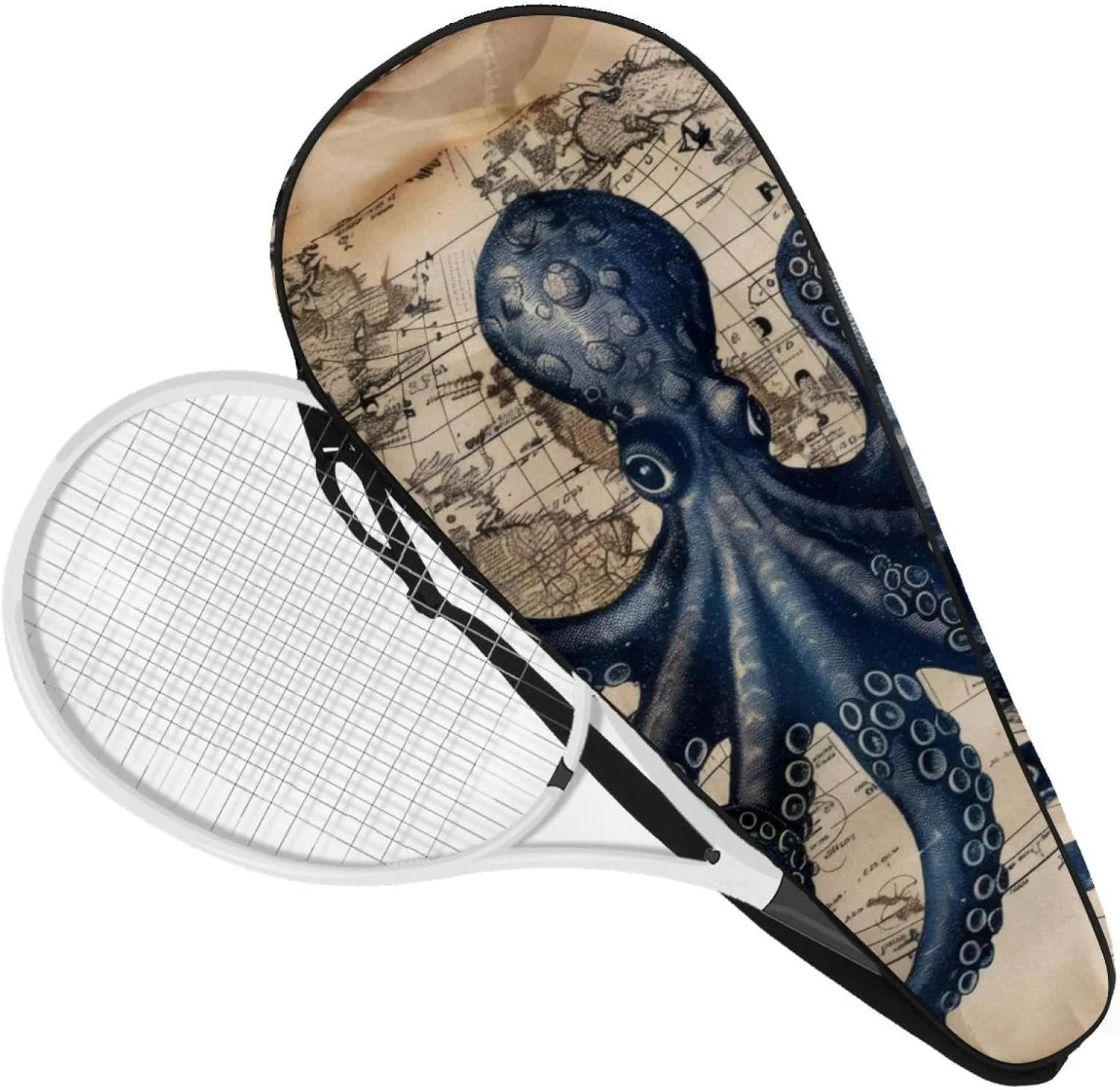 Funny Ocean Octopus Anchor Coastal Map Tennis Racquet Cover Bag Lightweight Bag with Adjustable Shoulder Strap