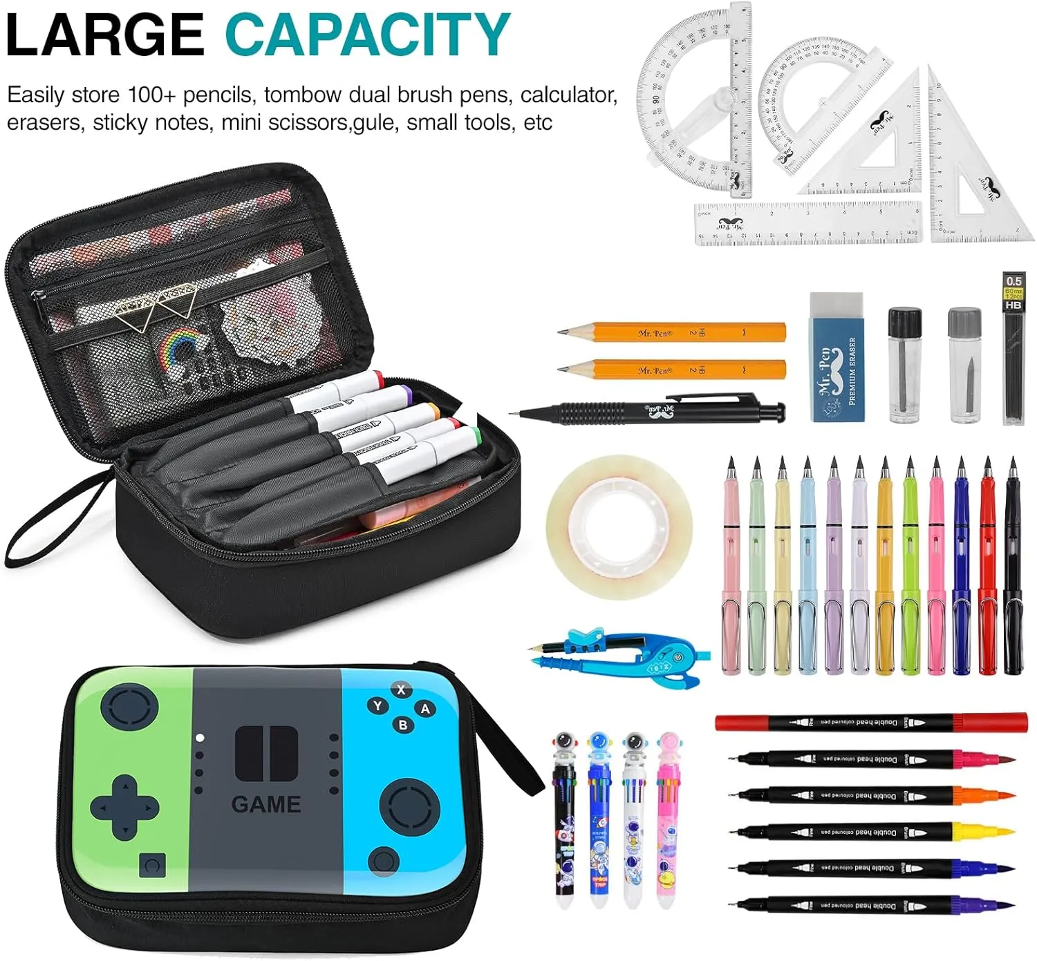 Gamer Large Capacity Pencil Case for Boys Teens Kids - School, Art & Office Supply Organizer with Sturdy Handle, Double Layer Pen Bag, Zippered Pouch & Storage Box for Men Adults