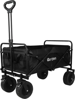 Gardzen Wagon Cart Foldable with All-Terrain Wheels, Utility Cart with 330 lbs Load Capacity, Heavy Duty Collapsible Wagon for Beach, Shopping, Sand, Garden, Camping and Outdoor Activities, Black