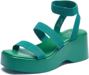 GENSHUO Women's Platform Open Toe Ankle Strap Casual Elastic Strap Flatform Wedge Sandals