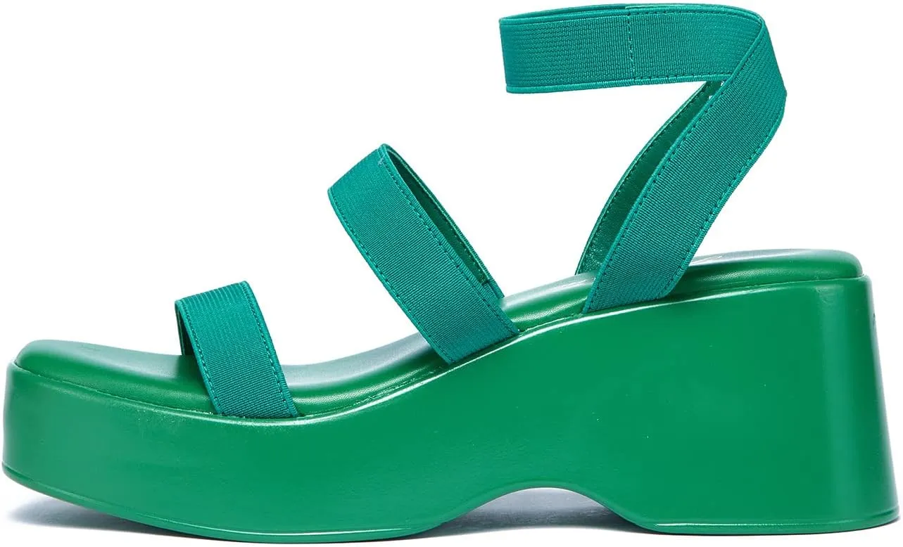 GENSHUO Women's Platform Open Toe Ankle Strap Casual Elastic Strap Flatform Wedge Sandals