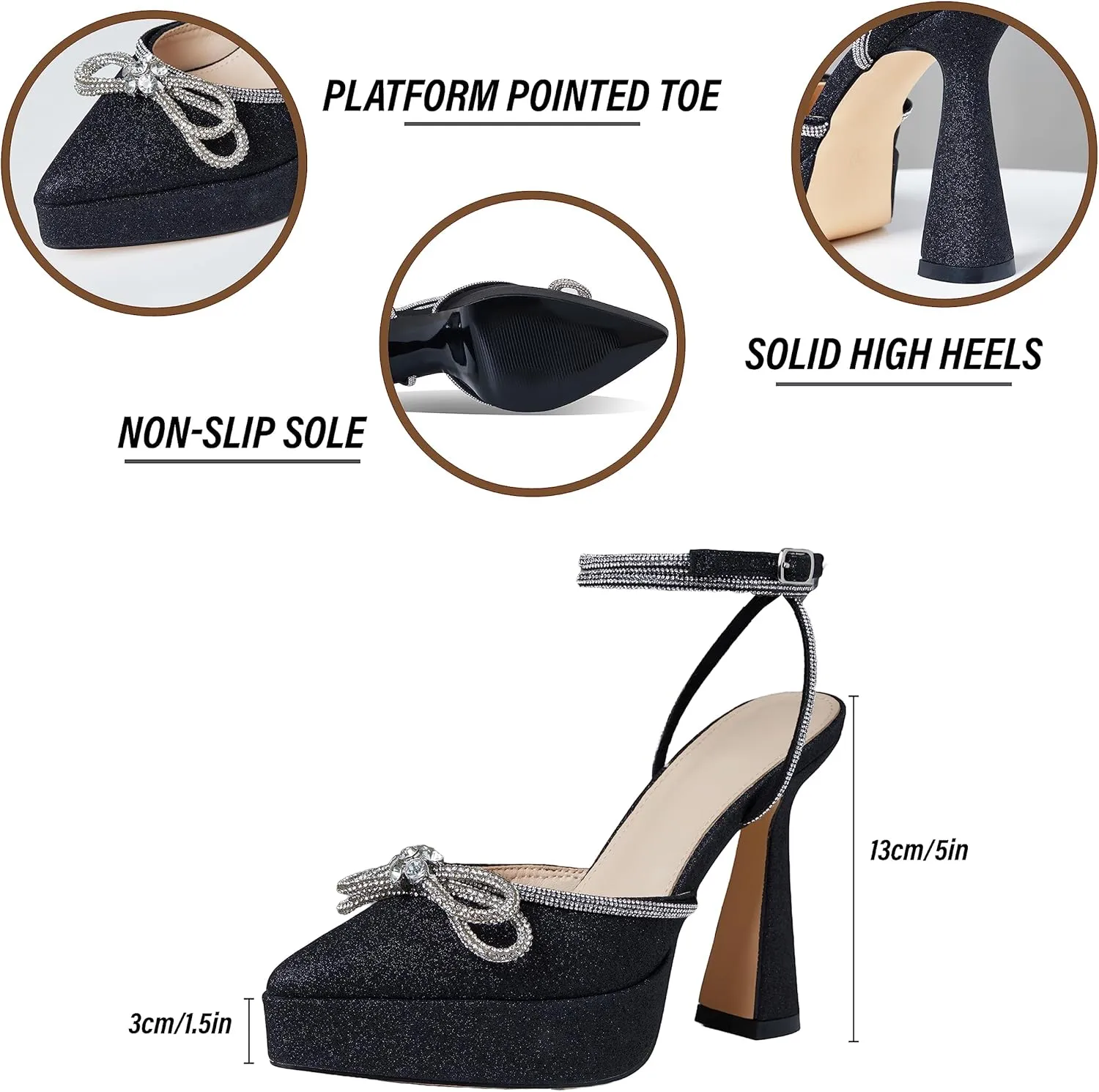 Goiphrri Platform Ankle Strap High Heeled Lace Up Pumps Sandals Ankle Buckle Straps Pump Rhinestone Stilettos Bowknots Wedding Sandals