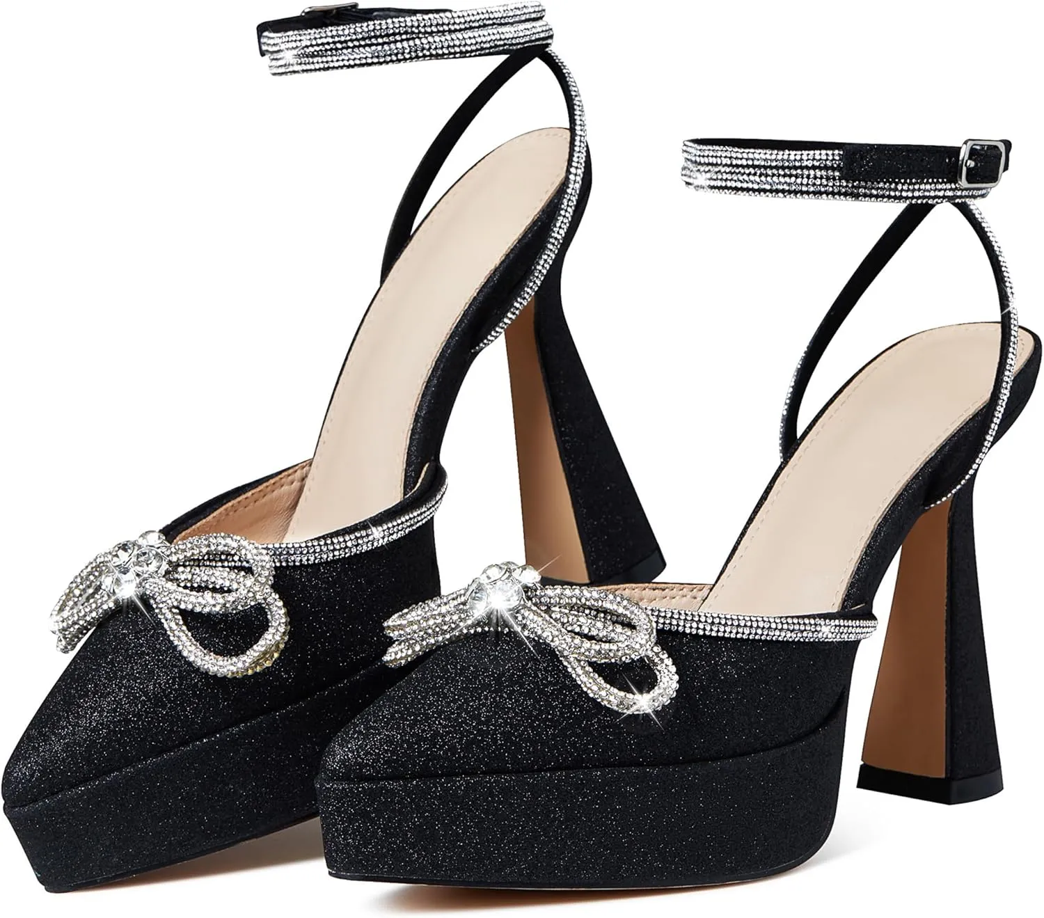 Goiphrri Platform Ankle Strap High Heeled Lace Up Pumps Sandals Ankle Buckle Straps Pump Rhinestone Stilettos Bowknots Wedding Sandals