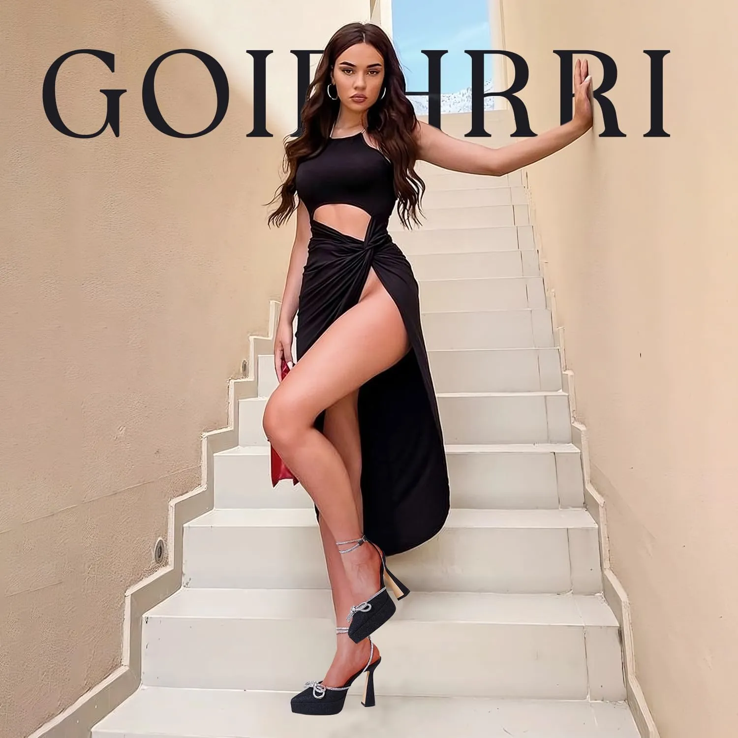 Goiphrri Platform Ankle Strap High Heeled Lace Up Pumps Sandals Ankle Buckle Straps Pump Rhinestone Stilettos Bowknots Wedding Sandals