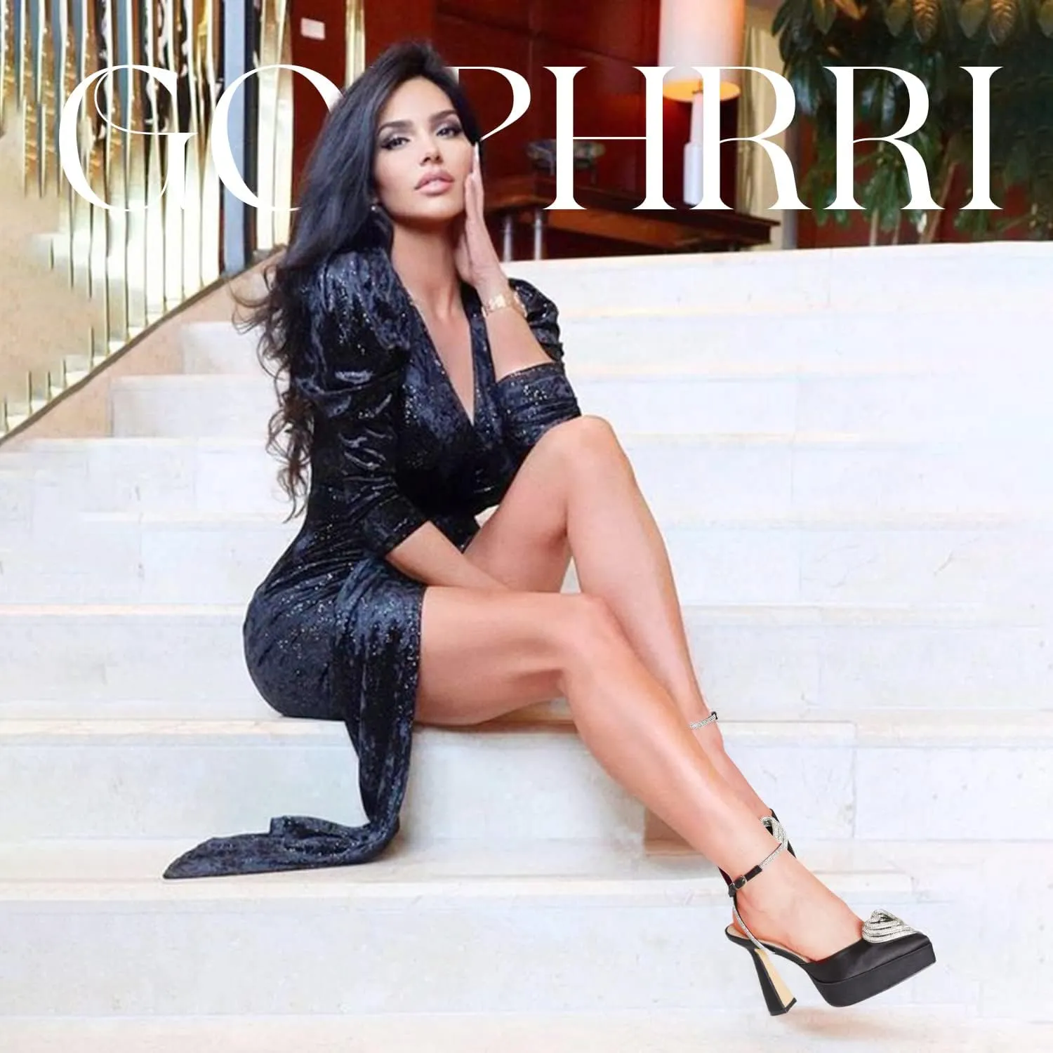 Goiphrri Platform Ankle Strap High Heeled Lace Up Pumps Sandals Ankle Buckle Straps Pump Rhinestone Stilettos Bowknots Wedding Sandals