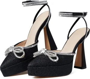 Goiphrri Platform Ankle Strap High Heeled Lace Up Pumps Sandals Ankle Buckle Straps Pump Rhinestone Stilettos Bowknots Wedding Sandals