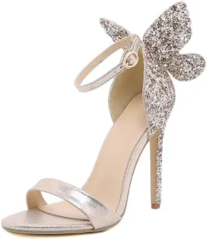 Gold High Heels Butterfly Back Sexy Stiletto Pumps Open Toe Sparkly Ankle Strap Heels Sandals Dress Shoes for Women