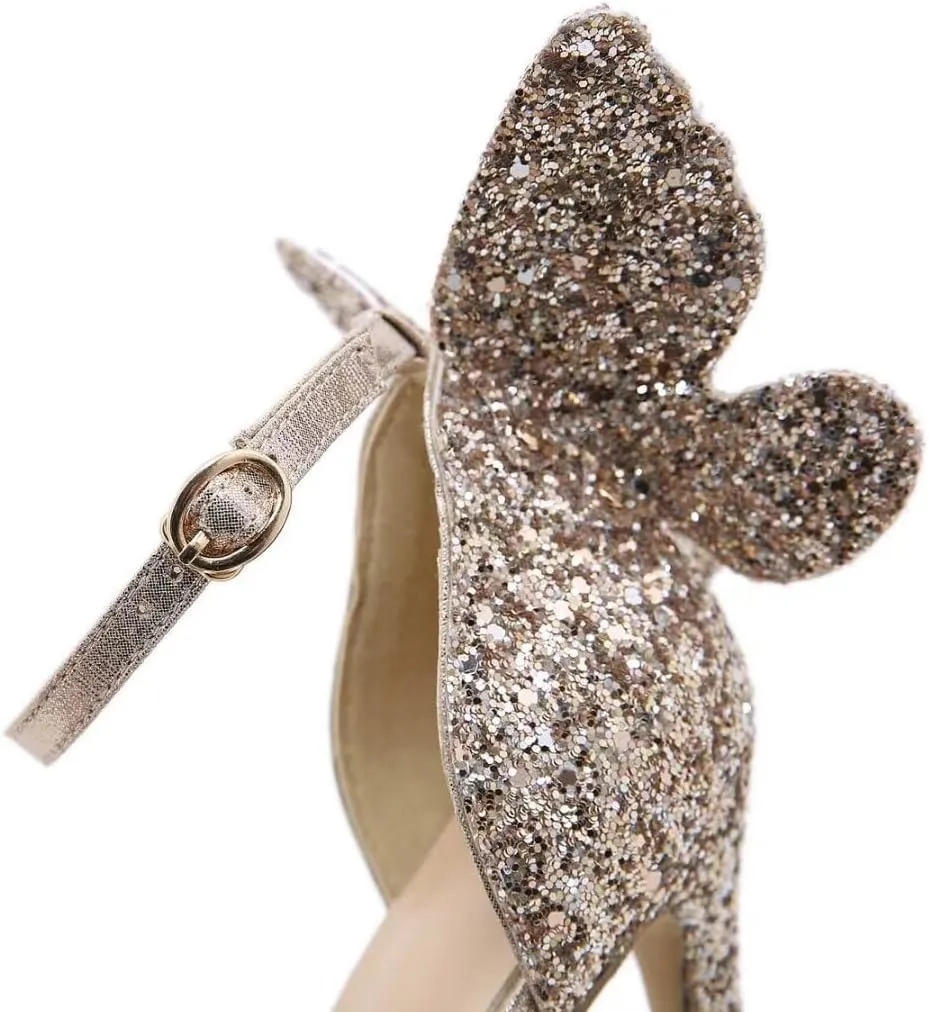 Gold High Heels Butterfly Back Sexy Stiletto Pumps Open Toe Sparkly Ankle Strap Heels Sandals Dress Shoes for Women