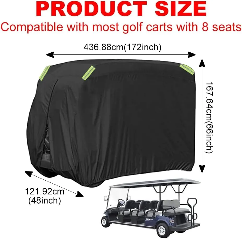 Golf Cart Cover 8 Passenger 210D Oxford Cloth Waterproof, Tear-Resistant, UV Protection Full Protective Cover with Zipper Safety Reflective Strip Design