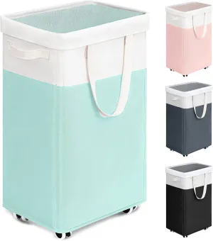 Goodpick Laundry Basket with Wheels, 75L Laundry Hamper with Wheels, Large Laundry Basket with Removable Wash Bag, Clothes Hamper for Laundry, Blue&White