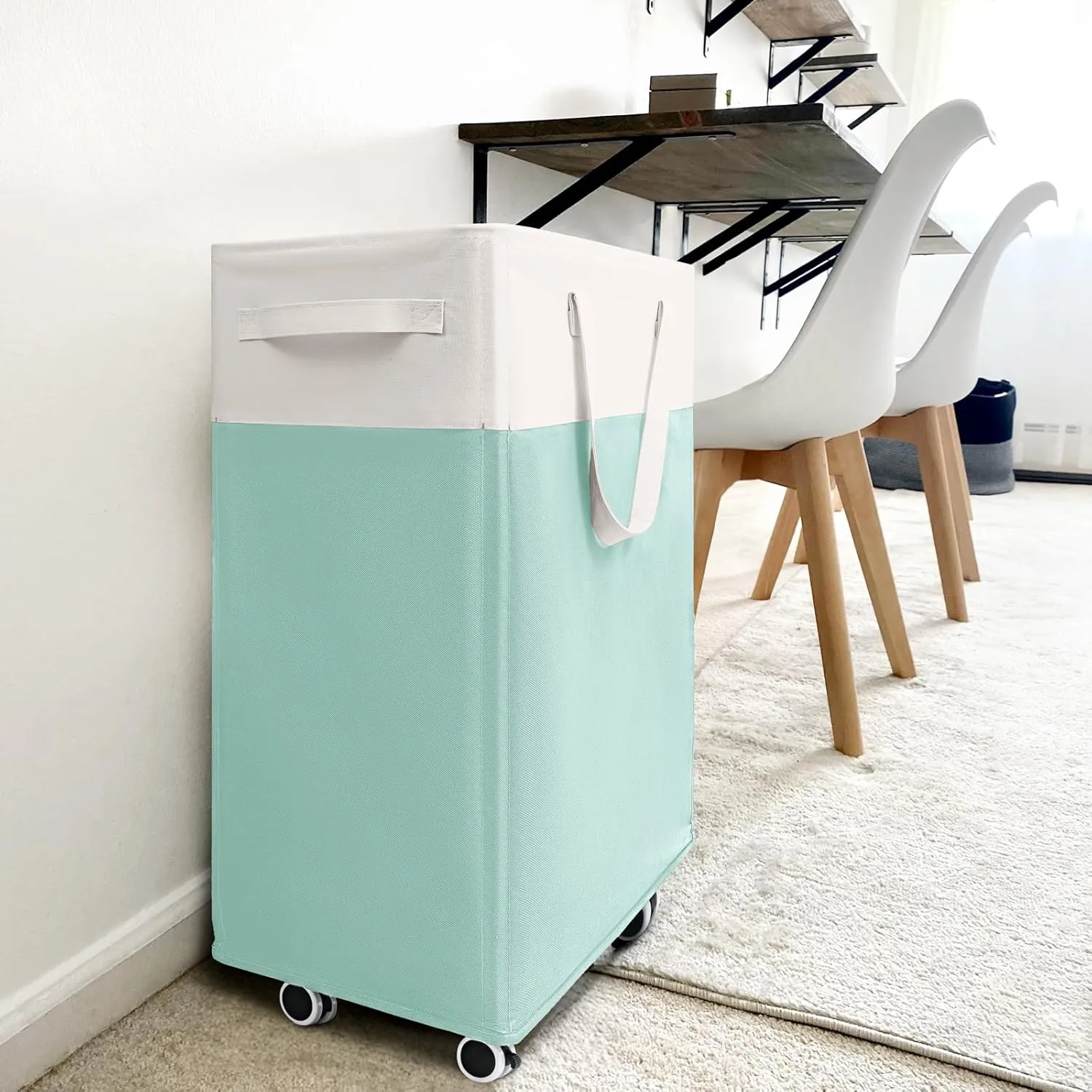 Goodpick Laundry Basket with Wheels, 75L Laundry Hamper with Wheels, Large Laundry Basket with Removable Wash Bag, Clothes Hamper for Laundry, Blue&White