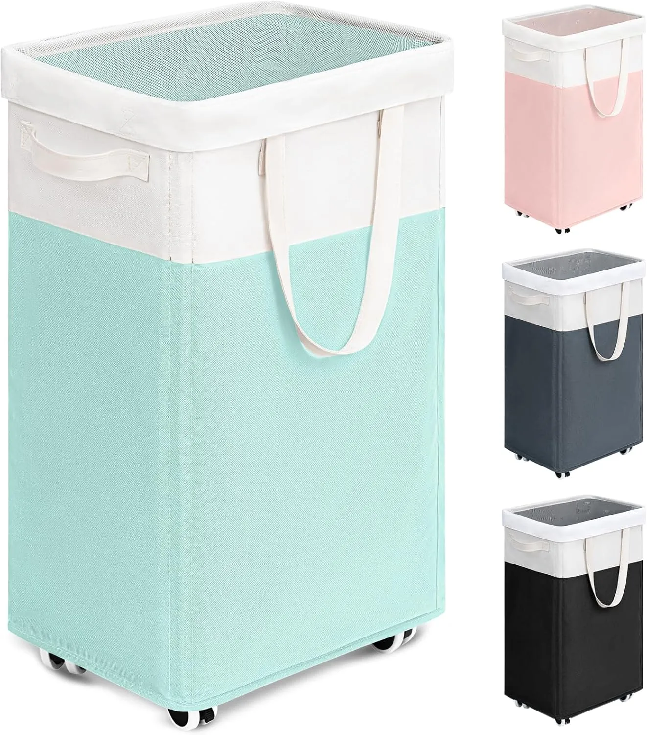 Goodpick Laundry Basket with Wheels, 75L Laundry Hamper with Wheels, Large Laundry Basket with Removable Wash Bag, Clothes Hamper for Laundry, Blue&White