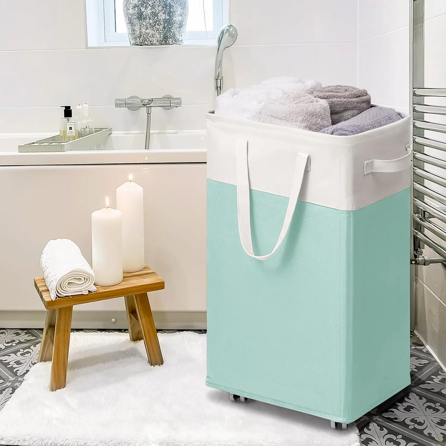 Goodpick Laundry Basket with Wheels, 75L Laundry Hamper with Wheels, Large Laundry Basket with Removable Wash Bag, Clothes Hamper for Laundry, Blue&White
