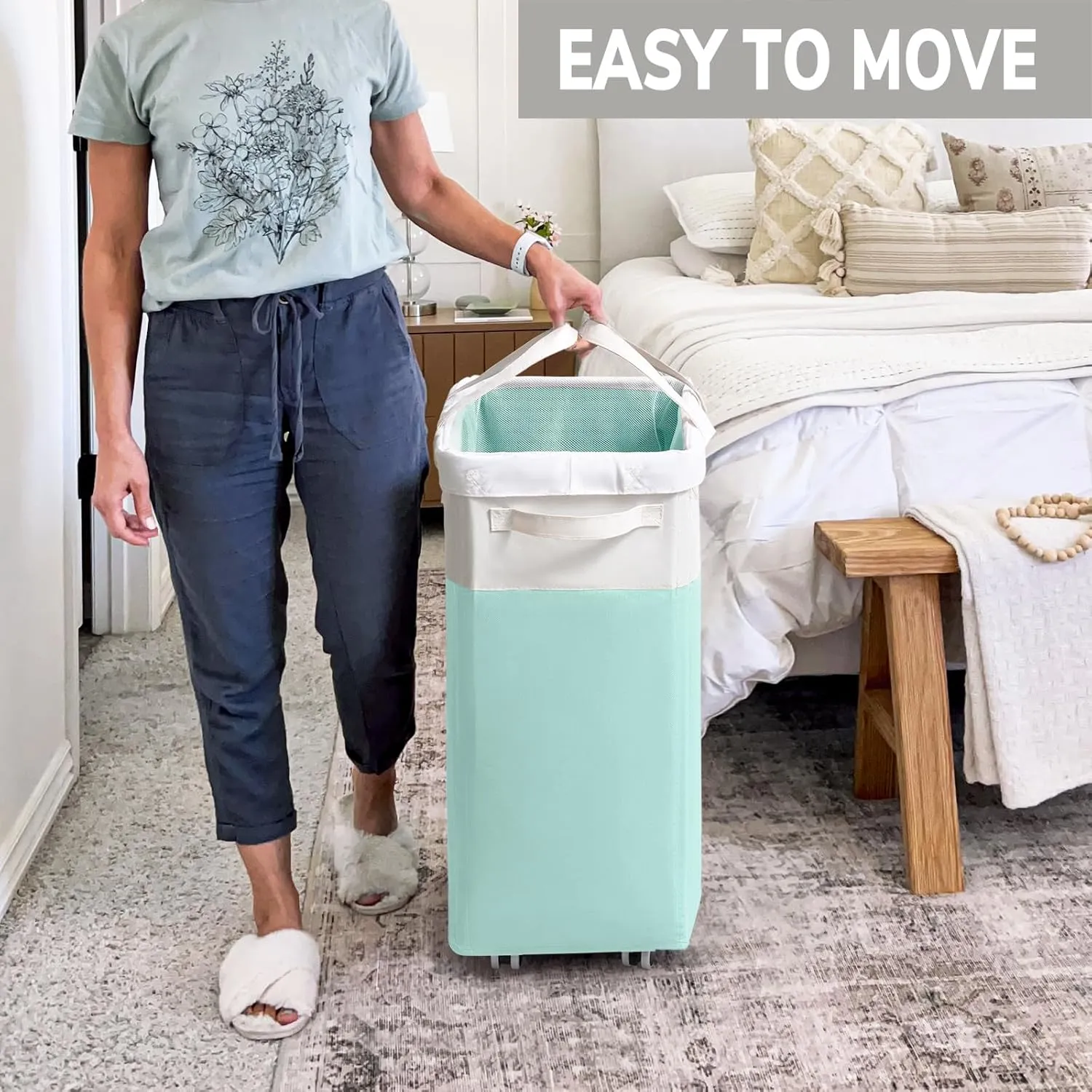 Goodpick Laundry Basket with Wheels, 75L Laundry Hamper with Wheels, Large Laundry Basket with Removable Wash Bag, Clothes Hamper for Laundry, Blue&White