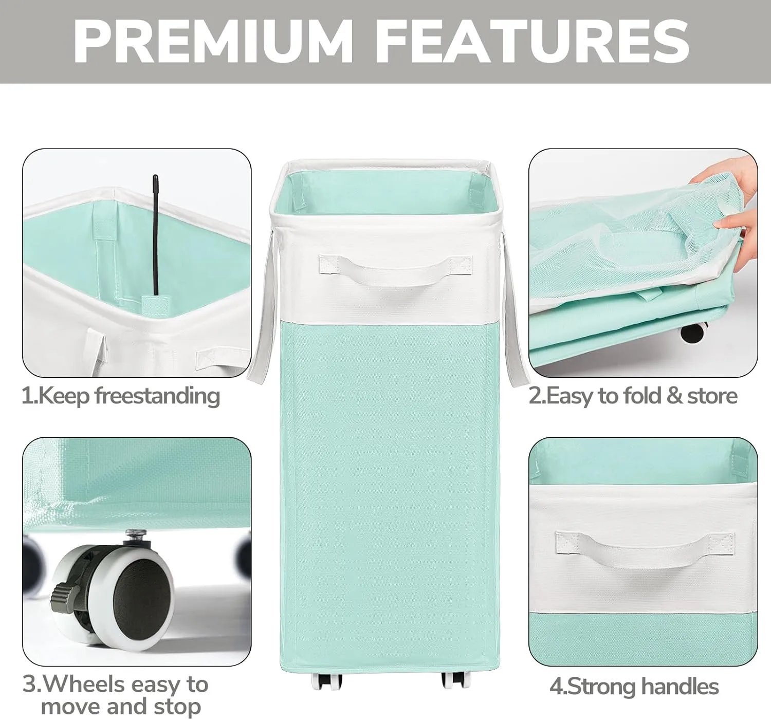 Goodpick Laundry Basket with Wheels, 75L Laundry Hamper with Wheels, Large Laundry Basket with Removable Wash Bag, Clothes Hamper for Laundry, Blue&White