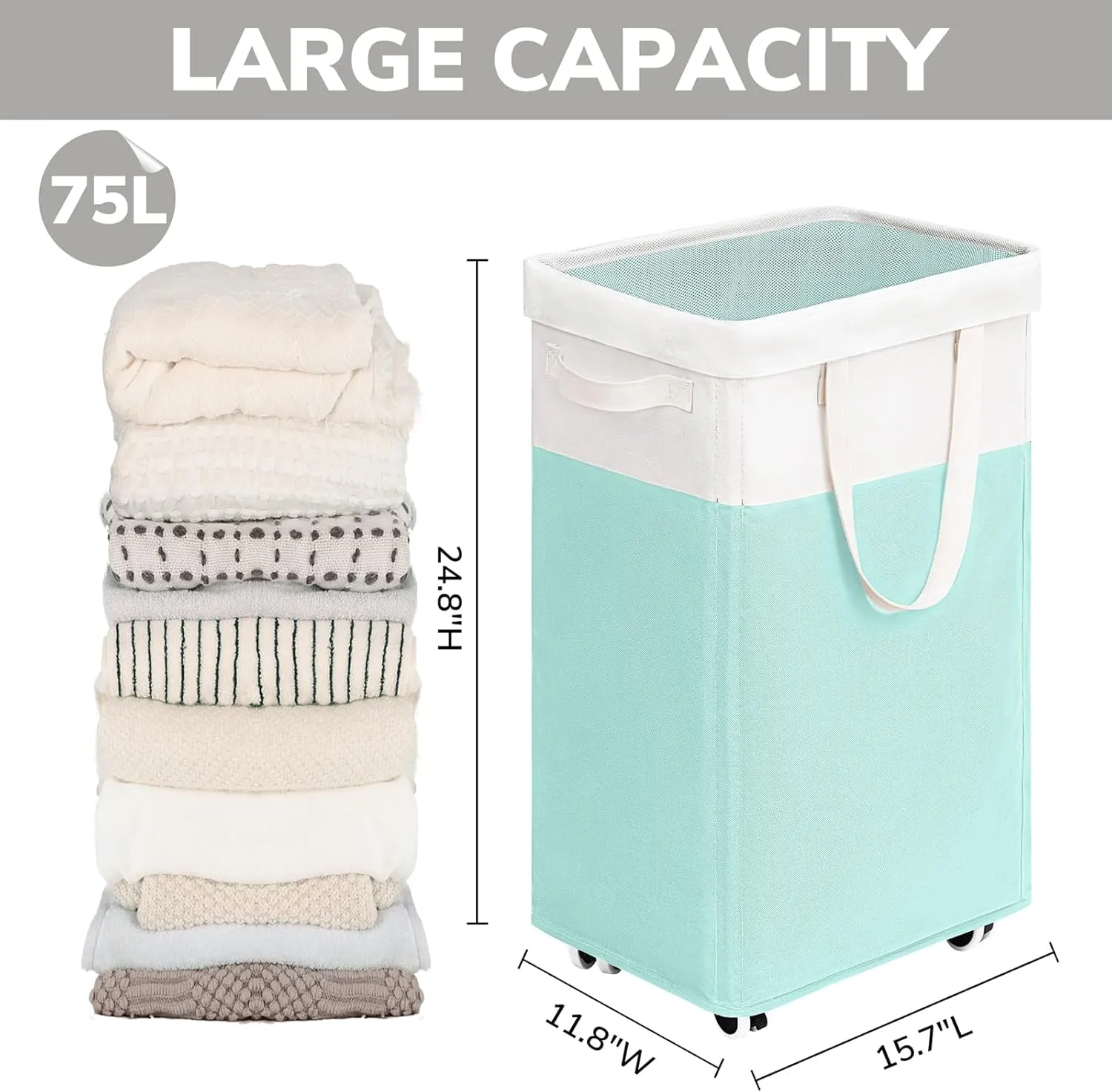 Goodpick Laundry Basket with Wheels, 75L Laundry Hamper with Wheels, Large Laundry Basket with Removable Wash Bag, Clothes Hamper for Laundry, Blue&White