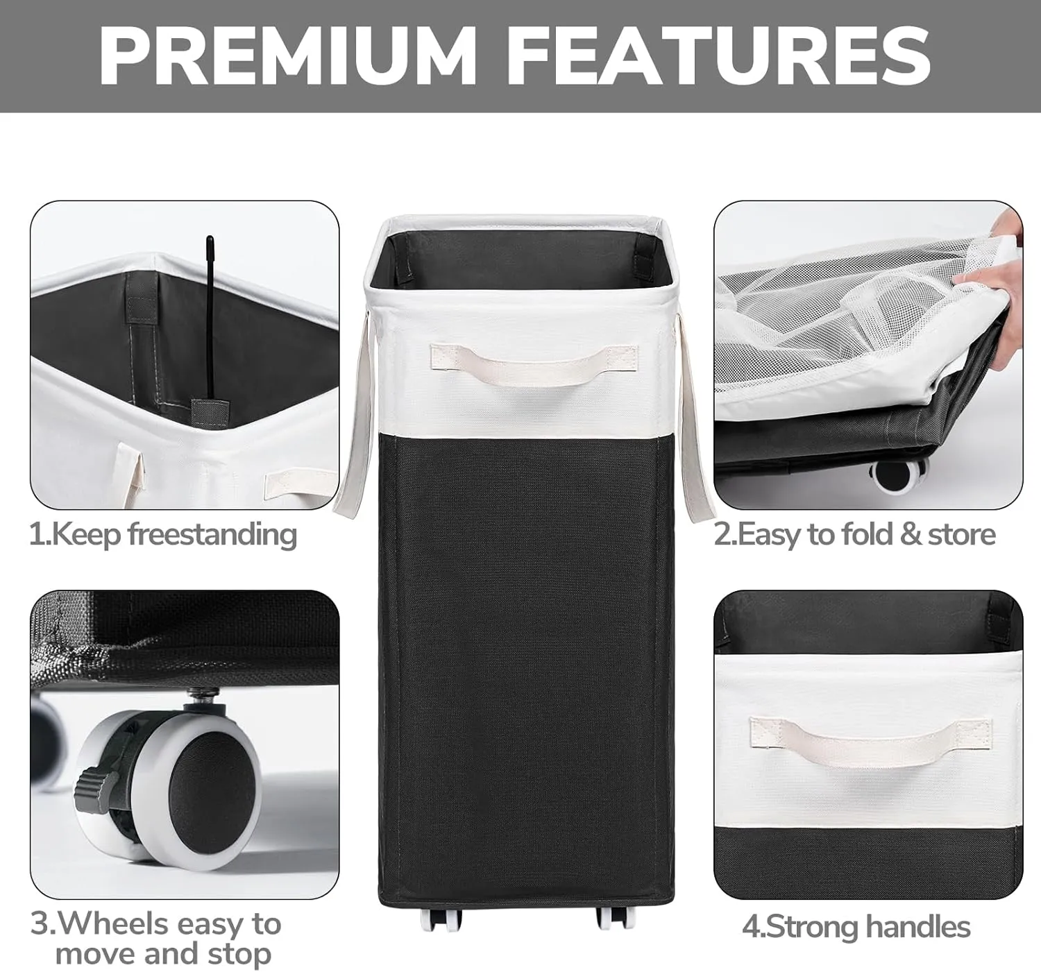 Goodpick Rolling Laundry Hamper with Wheels 75L, Black Laundry Hamper for Dirty Clothes, Collapsible Laundry Basket with Removable Wash, Black Laundry Basket with Wheels