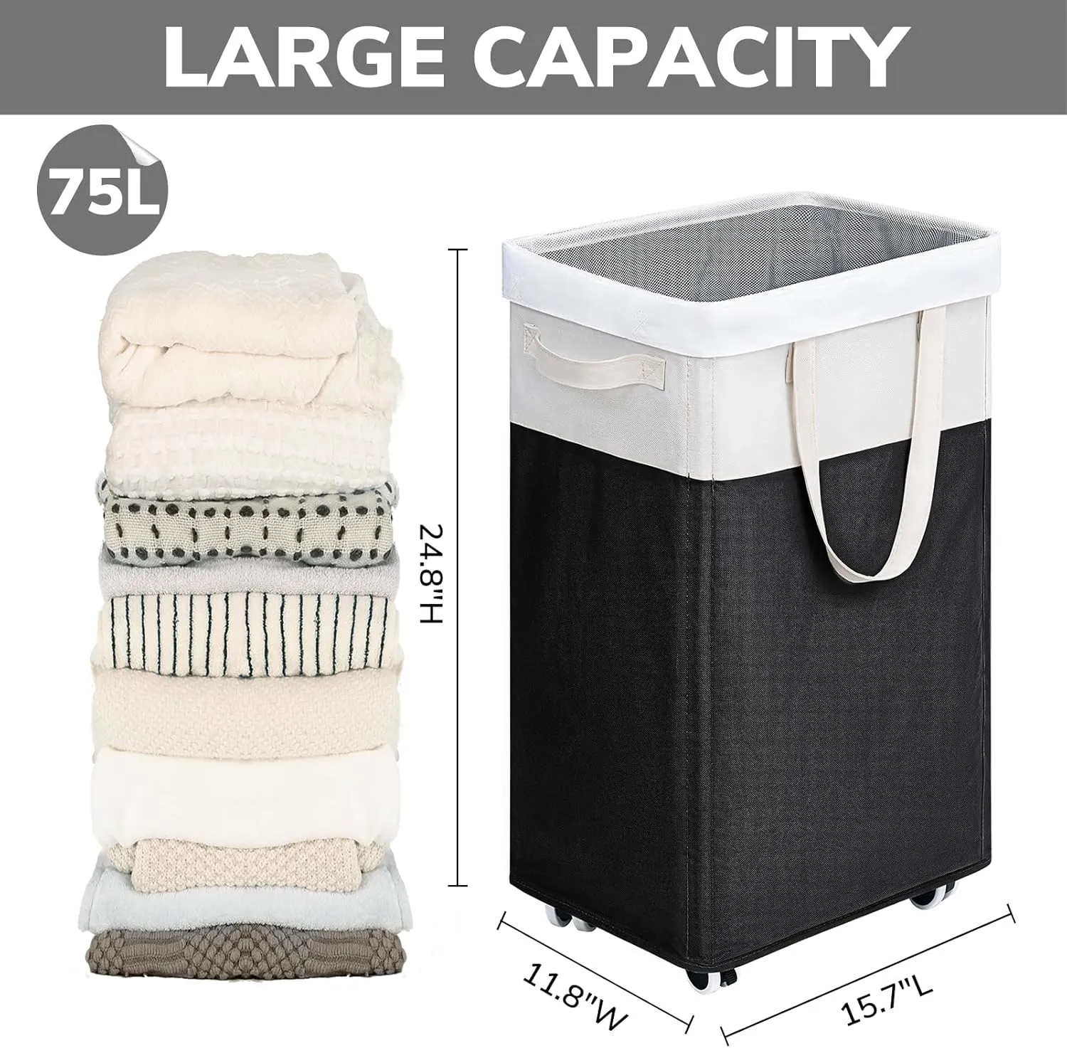 Goodpick Rolling Laundry Hamper with Wheels 75L, Black Laundry Hamper for Dirty Clothes, Collapsible Laundry Basket with Removable Wash, Black Laundry Basket with Wheels