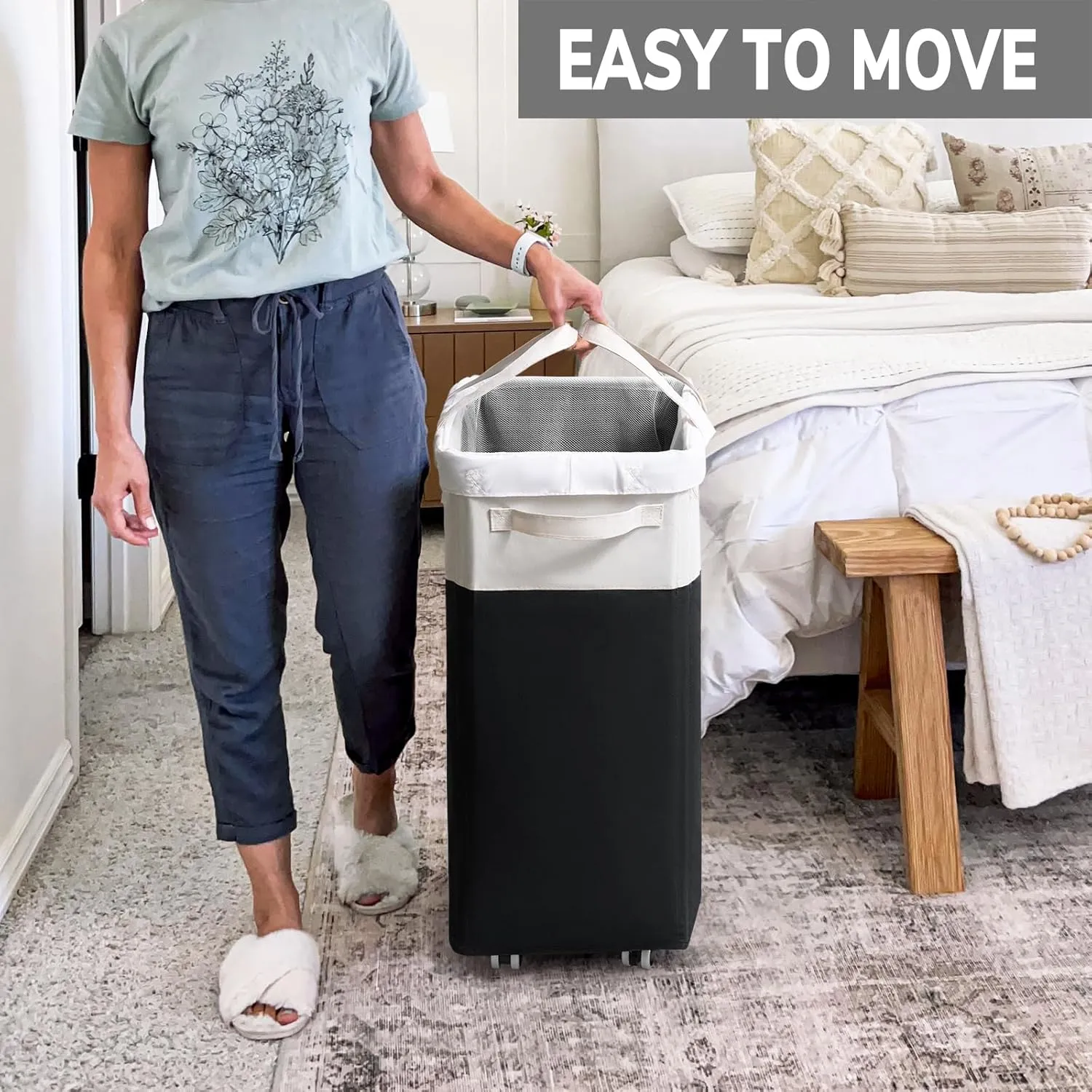 Goodpick Rolling Laundry Hamper with Wheels 75L, Black Laundry Hamper for Dirty Clothes, Collapsible Laundry Basket with Removable Wash, Black Laundry Basket with Wheels