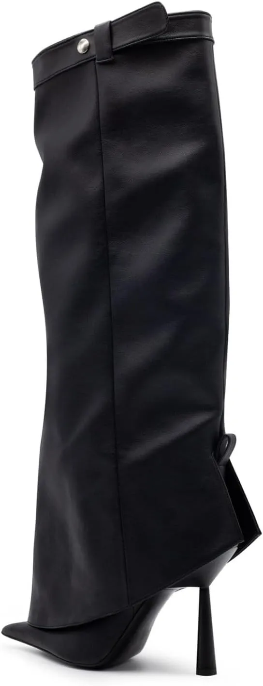 Goolita Fold Over Boots For Women, Pointed Toe Stiletto Heel Knee High Boots Fashion Comfortable Slip On Tall Boots