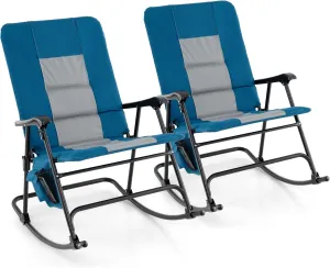 Goplus Oversized Folding Rocking Chair, Padded Patio Lounge Rocker w/Metal Frame, Armrests, Side Pocket, Lightweight Portable Rocking Chair for Backyard Camping Travel, Supports up to 500 lbs(2,Blue)