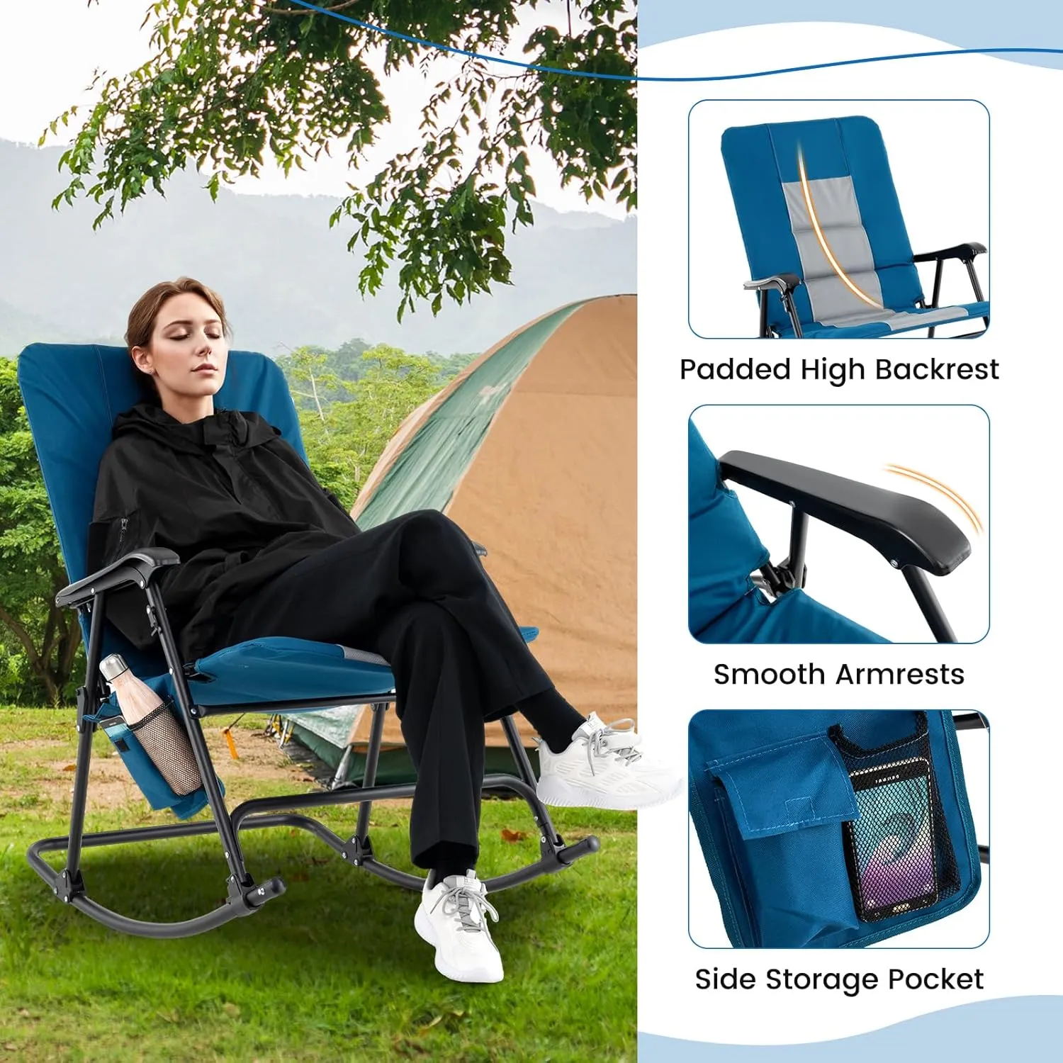 Goplus Oversized Folding Rocking Chair, Padded Patio Lounge Rocker w/Metal Frame, Armrests, Side Pocket, Lightweight Portable Rocking Chair for Backyard Camping Travel, Supports up to 500 lbs(2,Blue)