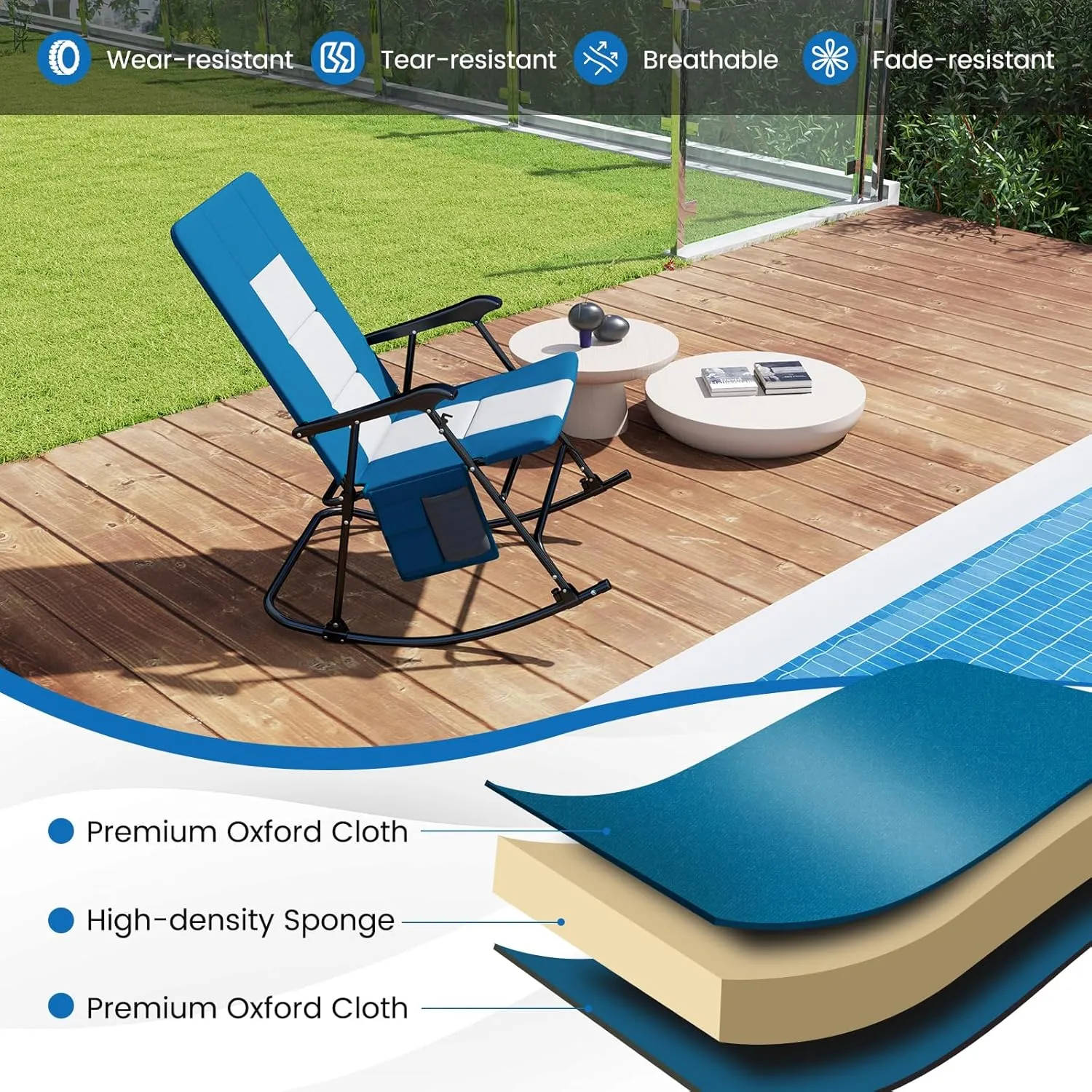Goplus Oversized Folding Rocking Chair, Padded Patio Lounge Rocker w/Metal Frame, Armrests, Side Pocket, Lightweight Portable Rocking Chair for Backyard Camping Travel, Supports up to 500 lbs(2,Blue)