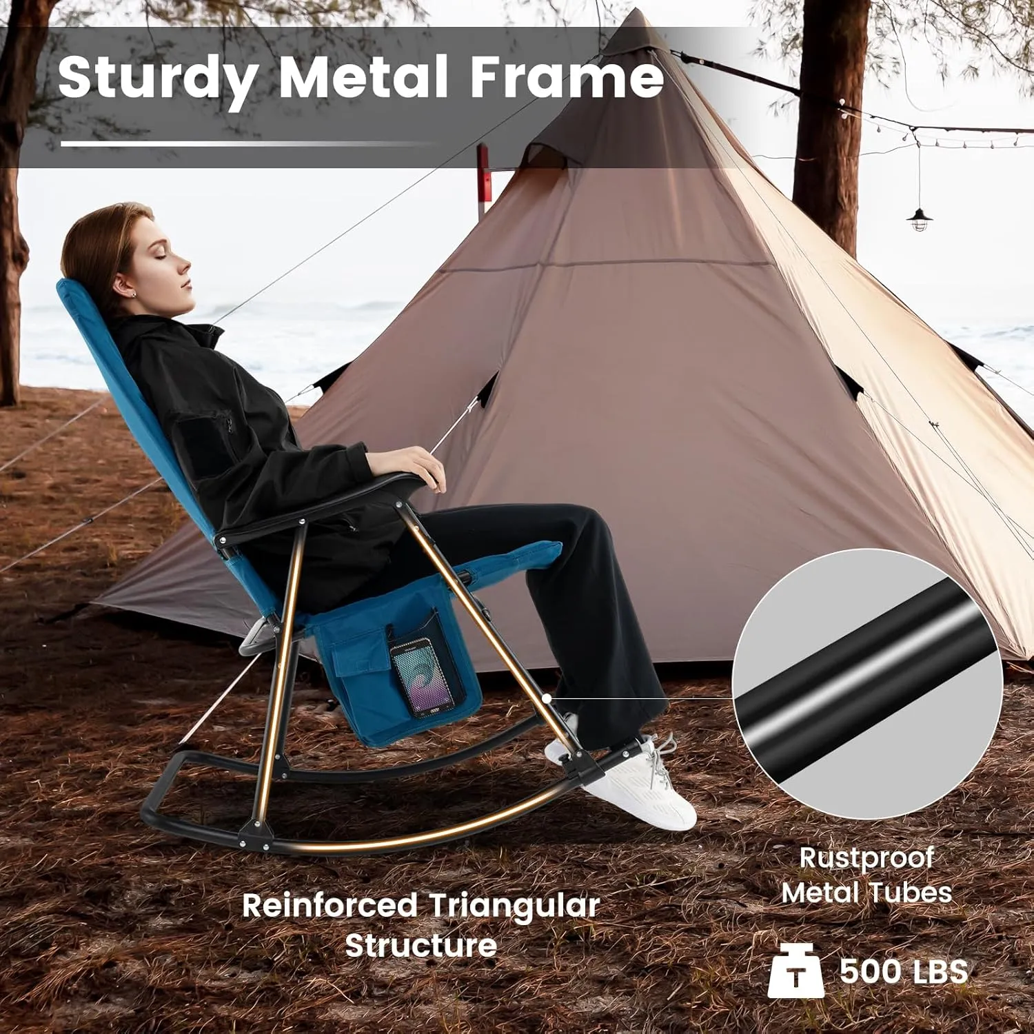 Goplus Oversized Folding Rocking Chair, Padded Patio Lounge Rocker w/Metal Frame, Armrests, Side Pocket, Lightweight Portable Rocking Chair for Backyard Camping Travel, Supports up to 500 lbs(2,Blue)