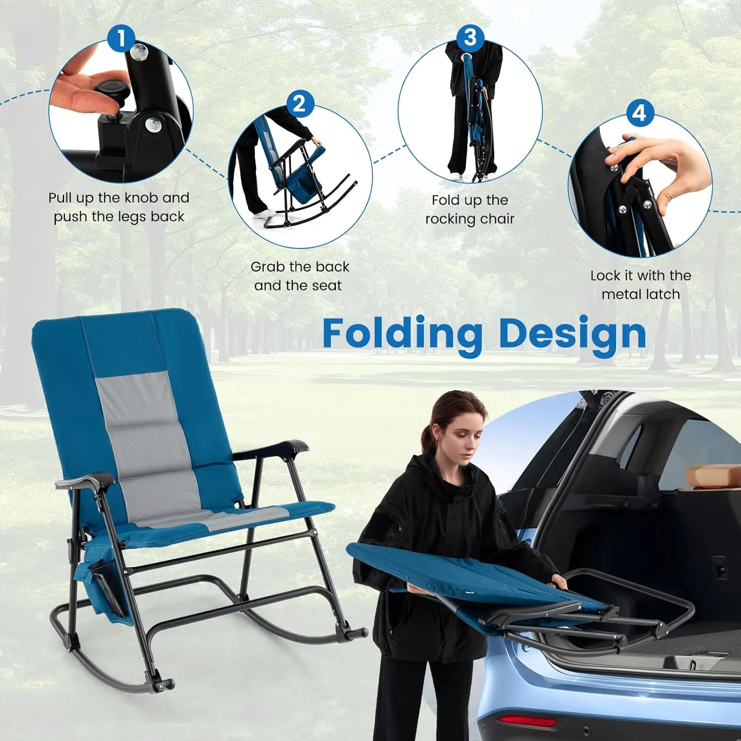 Goplus Oversized Folding Rocking Chair, Padded Patio Lounge Rocker w/Metal Frame, Armrests, Side Pocket, Lightweight Portable Rocking Chair for Backyard Camping Travel, Supports up to 500 lbs(2,Blue)