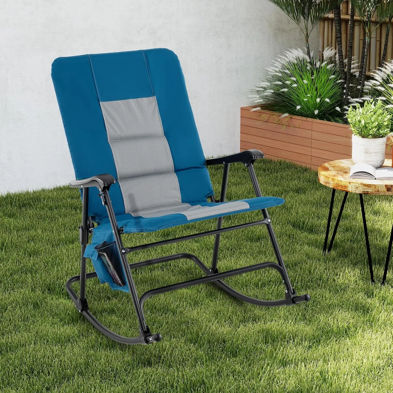 Goplus Oversized Folding Rocking Chair, Padded Patio Lounge Rocker w/Metal Frame, Armrests, Side Pocket, Lightweight Portable Rocking Chair for Backyard Camping Travel, Supports up to 500 lbs(2,Blue)